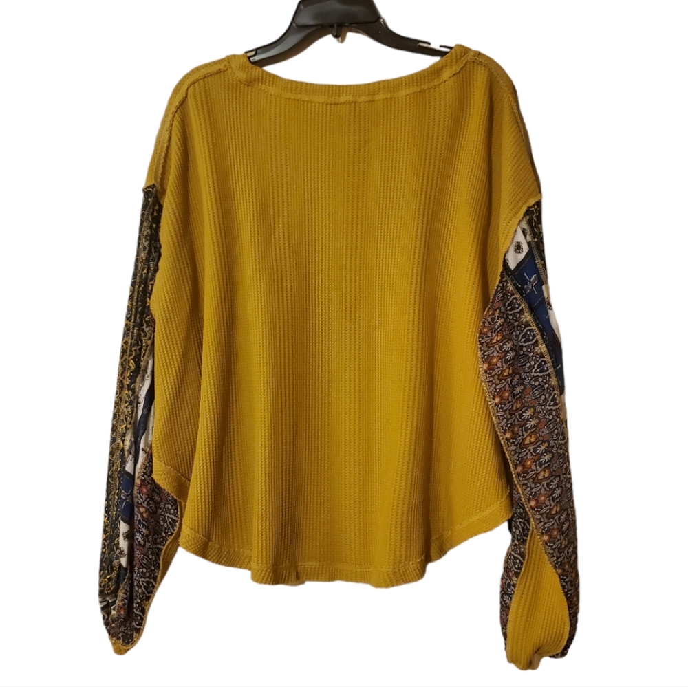 Umgee Oversized Waffle Knit Top Small Abstract Yellow Green Chartreuse F…